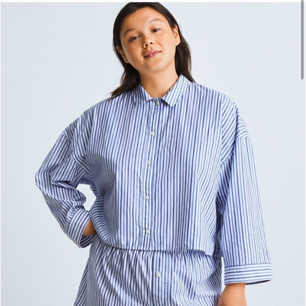 Everlane Cotton The Woven PJ Striped Blue Top Long Sleeve Womens XS‎
